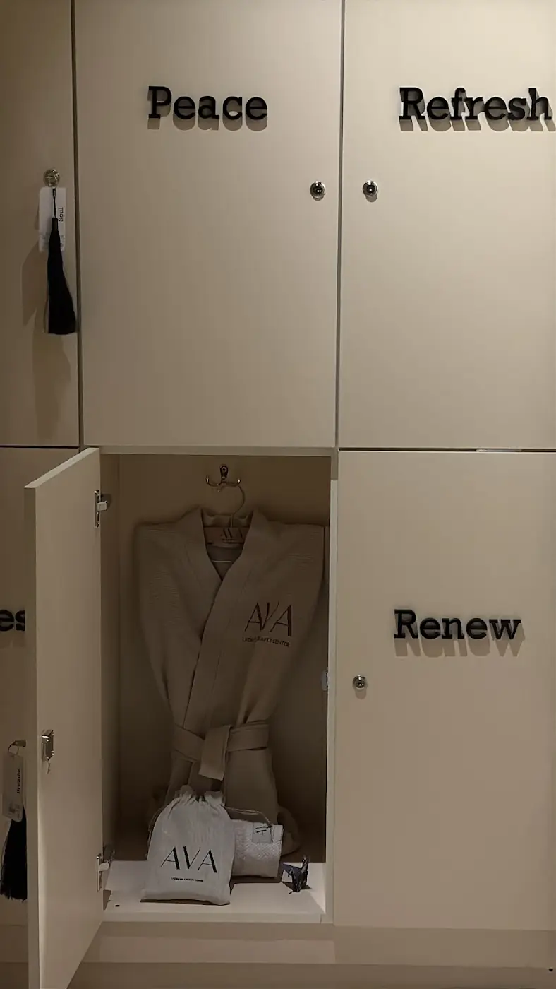 AVA's changing room lockers, lettered Peace, Refresh and Renew