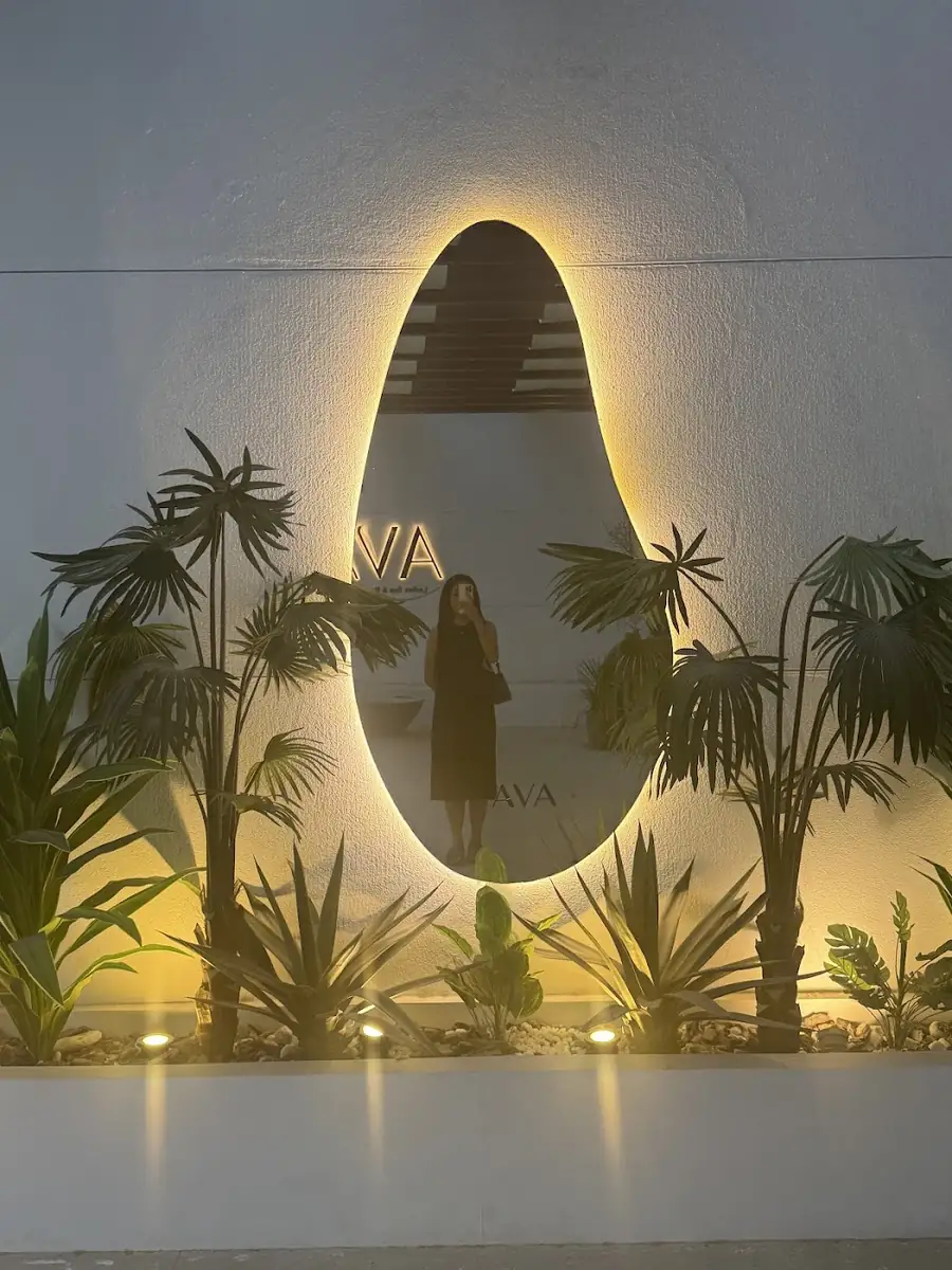 Oval backlit mirror and hair station at AVA